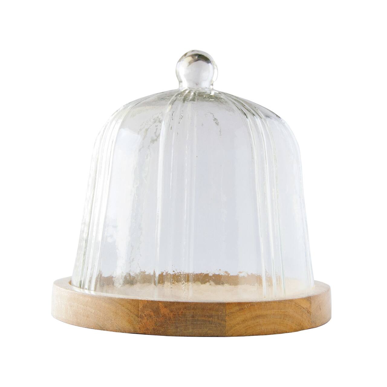 Hello Honey® 8" Clear Round Reclaimed Glass Cloche with Mango Wood Base